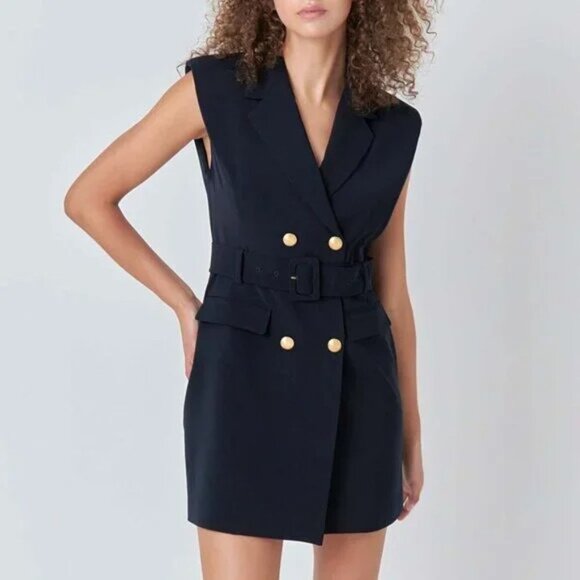 New Endless Rose Shoulder Pad Sleeveless Gold Button Blazer Dress Navy S $139 - Picture 1 of 7
